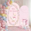 2PCS One Silly Goose Arch Backdrop Cover for Girl One Silly Goose 1st Birthday Decor 6ft 7.2ft Stretchy Spandex Pink Gingham One Silly Goose Arch Backdrop Stand Cover for Girl First Birthday Supplies
