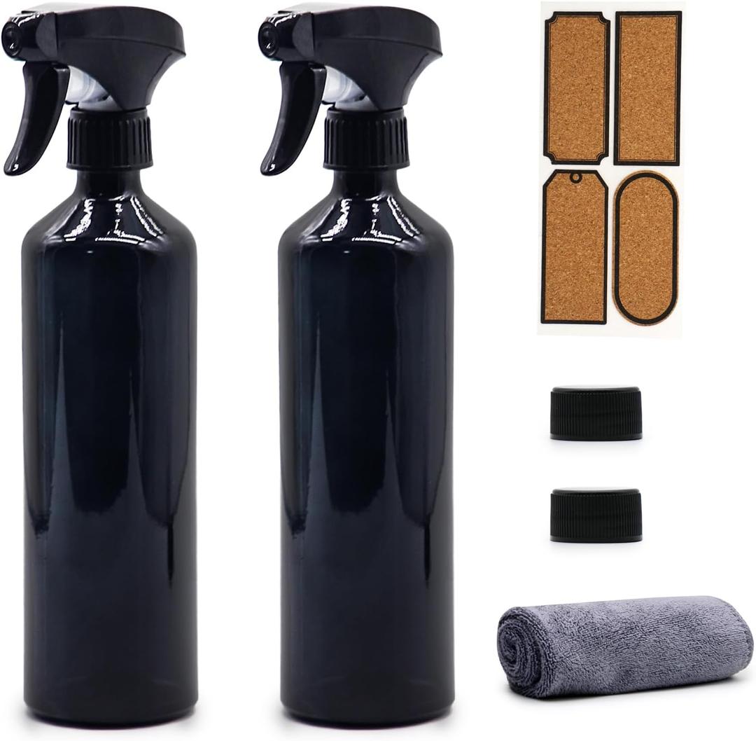 OFFIDIX Glass Spray Bottles for Cleaning,16 OZ 2 Pack Continuous Empty Water Mister Spray Bottles for Hair,Plants Mister,Adjustable Nozzle,Black