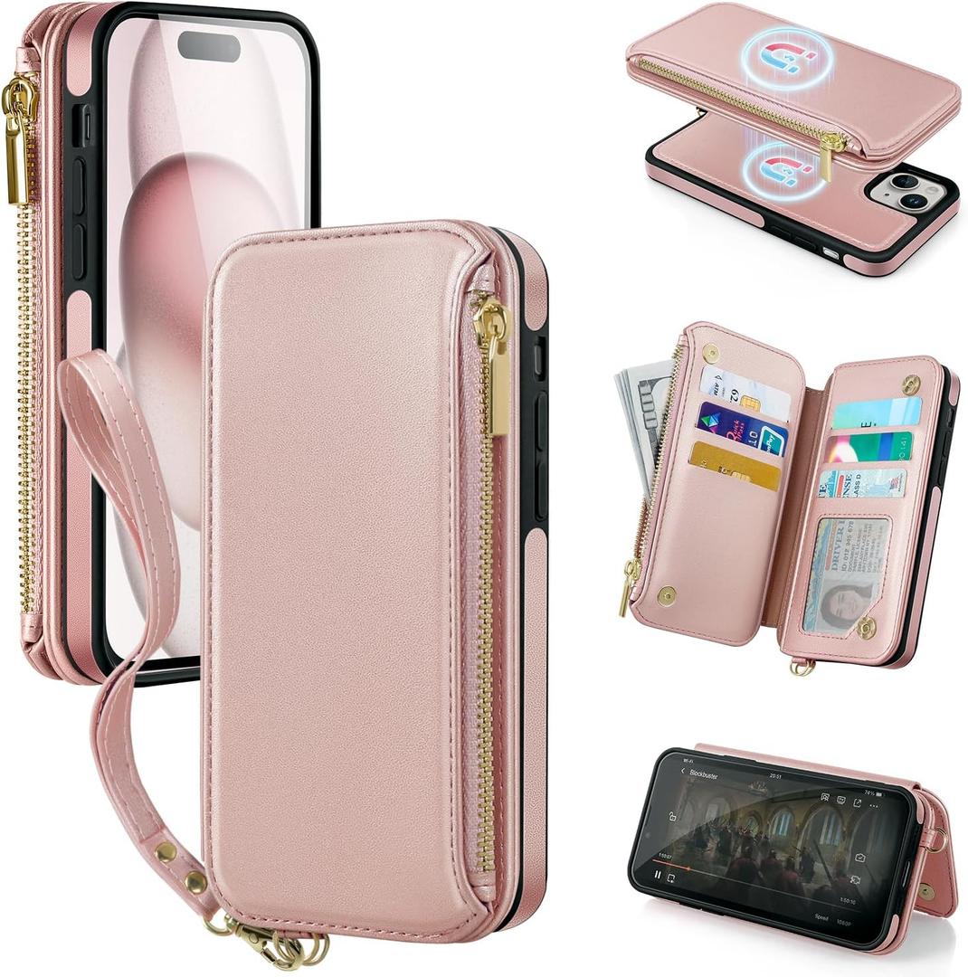 Antsturdy 2 in 1 Detachable for iPhone 15 Wallet case with Magsafe,RFID Blocking Magnetic Wireless Charging PU Leather Phone case Flip Folio Cover Card Holder Wrist Strap Women,Rose Gold