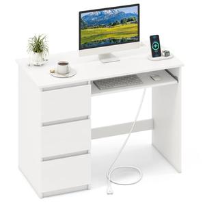 GOFLAME Computer Desk with 3 Drawers & Charging Station, 42” Home Office Desk with Storage & Keyboard Tray, Writing Desk PC Workstation Vanity Table (White)