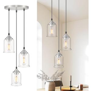 zeyu 3-Light Pendant Lighting, Adjustable Modern Cluster Pendant Light for Kitchen Island, Brushed Nickel Finish with Clear Glass Shade, ZSL104-3 BN