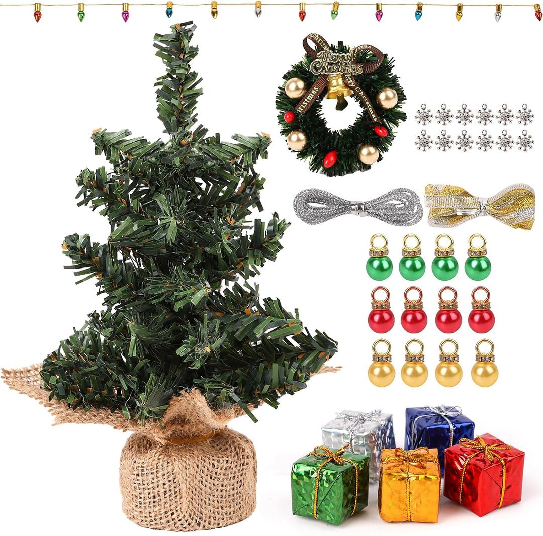FOIMAS Mini Christmas Tree for Dollhouse Decoration, 7.8 Inch Miniature Artificial Christmas Tree with Fake Lights Xmas Ball Wreath Ornament for Xmas Dollhouse Craft Decor Supply
