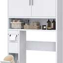 Bathroom Storage Over the Toilet, Bathroom Cabinet with Adjustable Shelves, Double Doors, and Tissue Box Holder (White)