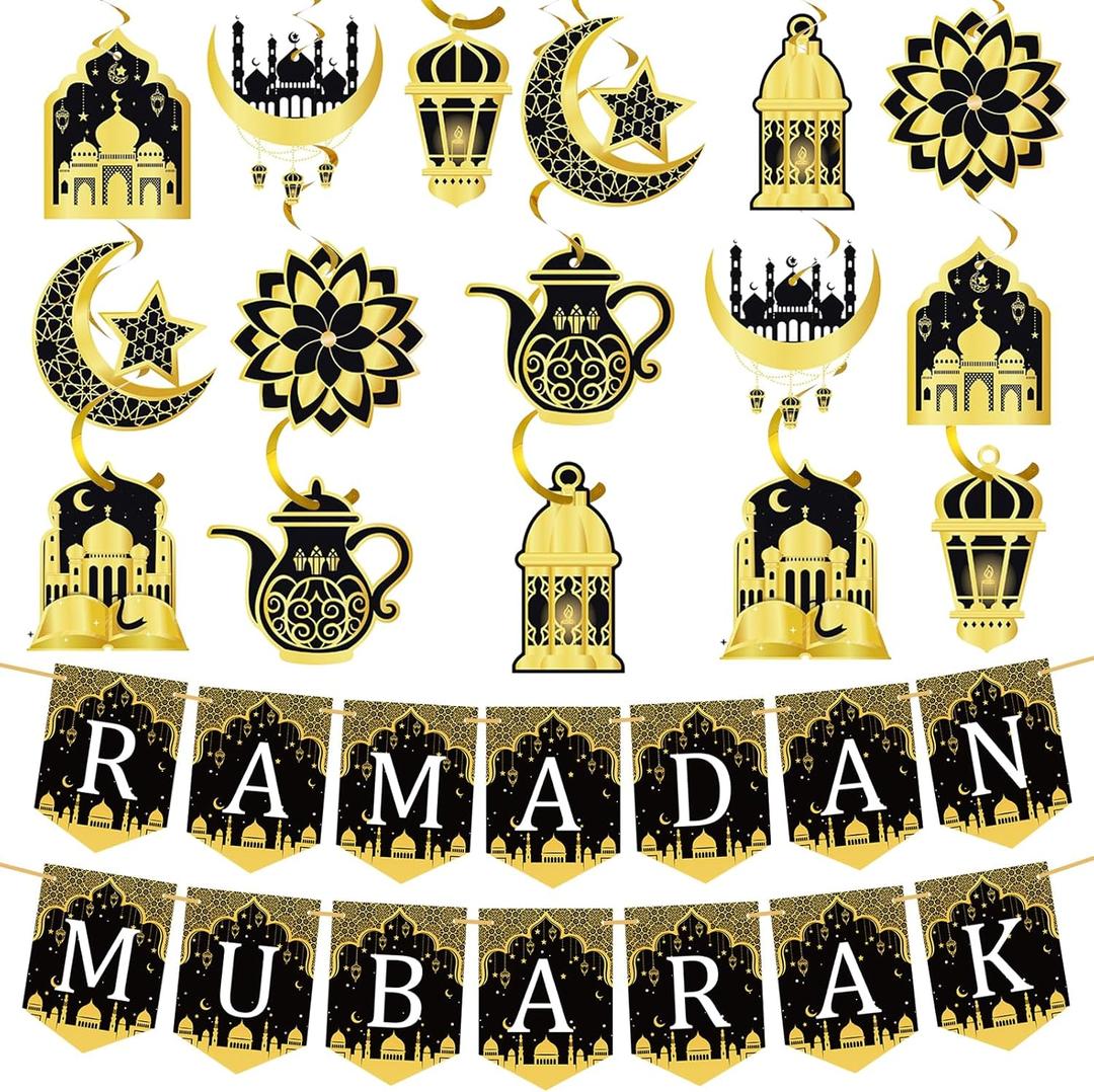 34 Pcs Ramadan Mubarak Banner Pre-Assembled Eid Mubarak Muslim Ramadan Decorations Hanging Swirls Garland Decor Party Favors Supplies for Home