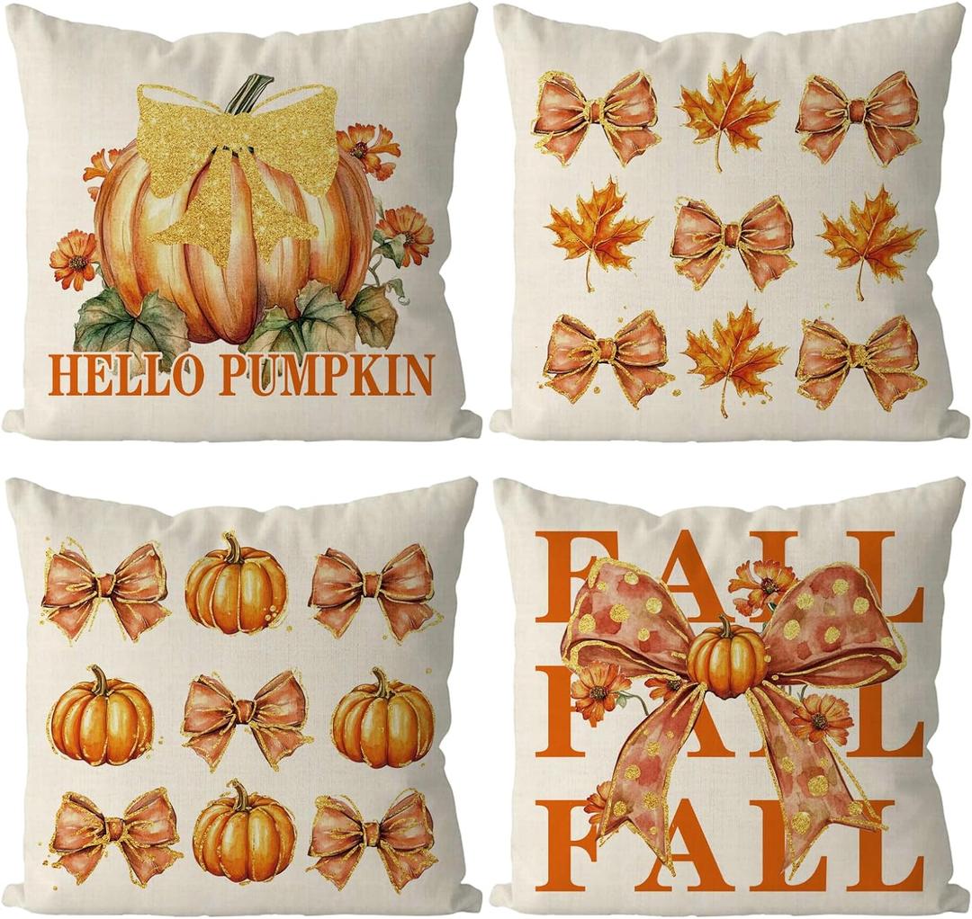 Fall Pillow Covers 18x18 Inch Set of 4 Pumpkin Maple Leaves Bow Decorative Throw Pillow Cases Autumn Harvest Soft Pillowcase for Home Farmhouse Living Room Decor