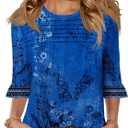 Blingfit Womens Tops 3/4 Length Sleeve Dressy Casual Shirts Bell Sleeve Front Pleated Fasion Trendy Summer Blouses 2026 (Blue, S)