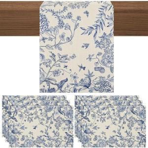 Hahafelt Blue Floral Summer Table Runner and Placemats Set of 7, 12" x 18" Blue and White Chinoiserie Place Mats 13" x 72" Flower Table Runner for Holiday Baby Shower Party Kitchen Dining Decoration
