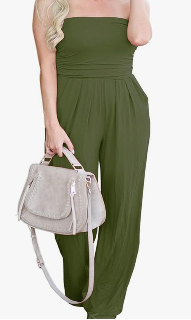 Women's Tube Top Strapless Off Shoulder Loose Wide Leg Jumpsuit Romper with Pockets
Size L