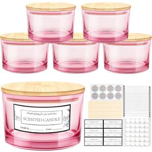 CONNOO 24oz Pink Thick Glass Candle Jars 6 Pack, Multi-Wick Wide Mouth Empty Bulk Candle Containers for Making Candles with Airtight Bamboo Lids, Sticky Warning Labels, Wick kit- Dishwasher Safe