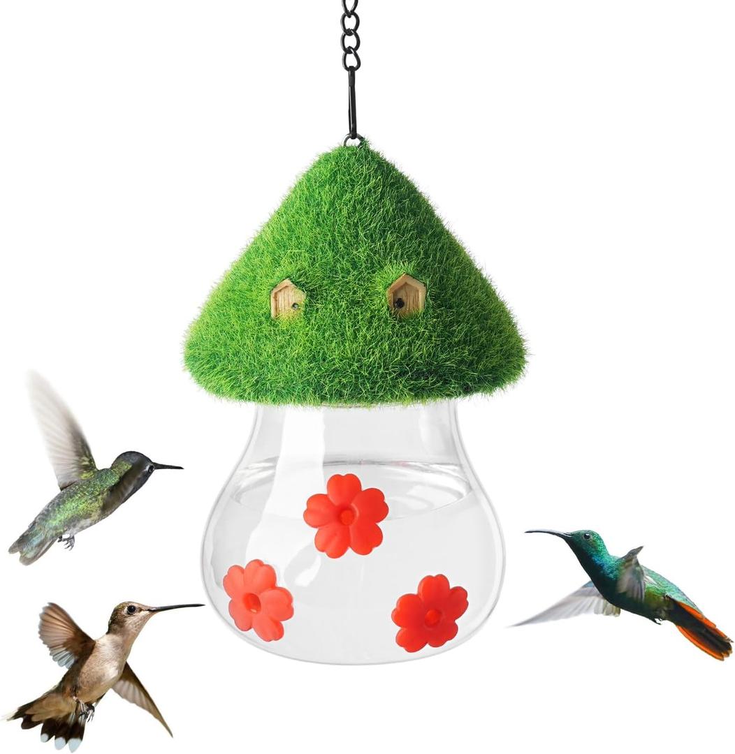 Hummingbird Feeder, Leak-Proof Hummingbirds Feeders for Outdoors Hanging, Bird Feeder for Garden Birds Watching Patio Decoration & Gift - Cute Green Mushroom Shape