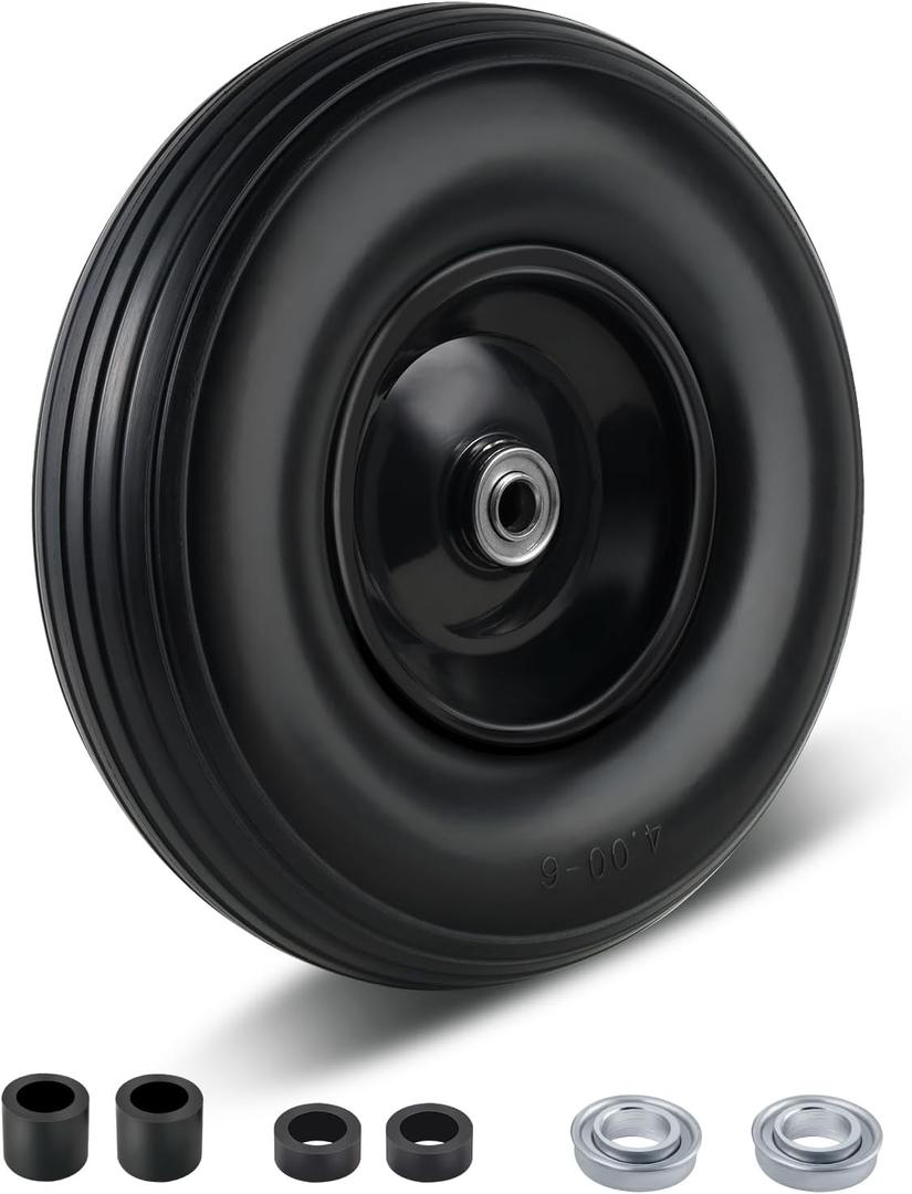 13''4.00-6 tire Wheelbarrow Tire Flat Free, 5/8" or 3/4" Bearing,1.75"- 6" Center Hub for Wheelbarrows Trolley Dolly Garden Wagon Cart Wheel Replacement (1 Pack)
