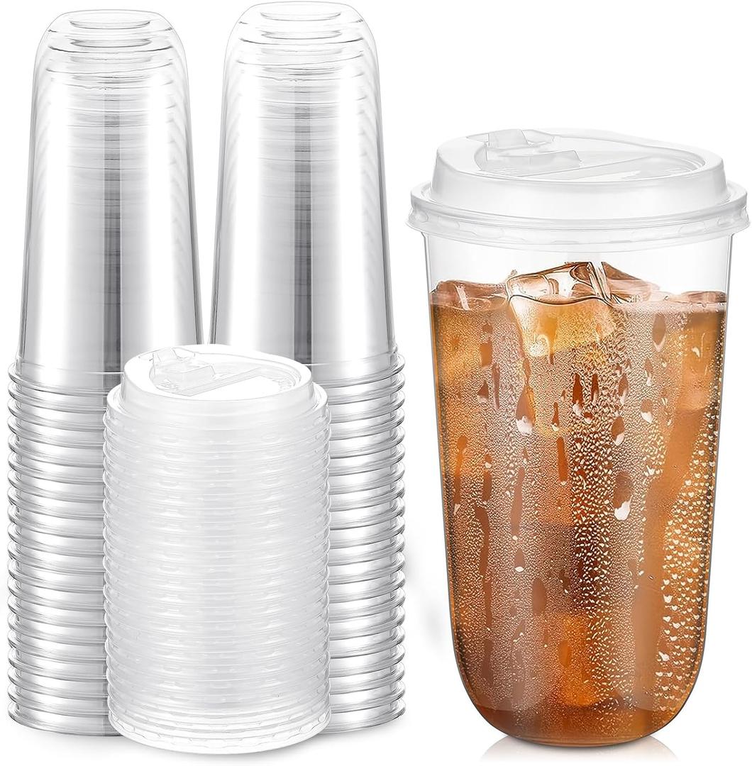 Baderke 50 Sets 20 oz Clear Plastic Cups with Lids,Sturdy Iced Coffee Cups with lids, Disposable Plastic Smoothie Cup for Cold Drinks (EXP 12/11/26)