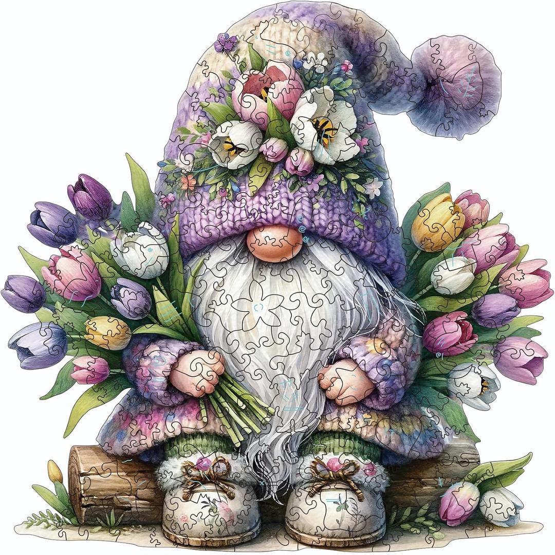 Gnome Wooden Puzzles for Adults, 200pcs Wooden Jigsaw Puzzles for Adults, Gnome Flowers Unique Shaped Jigsaw Puzzles Creative Gift for Friend Family Game Medium Size 10.6'' x 9.8'' (Lk-wp-gnome01)