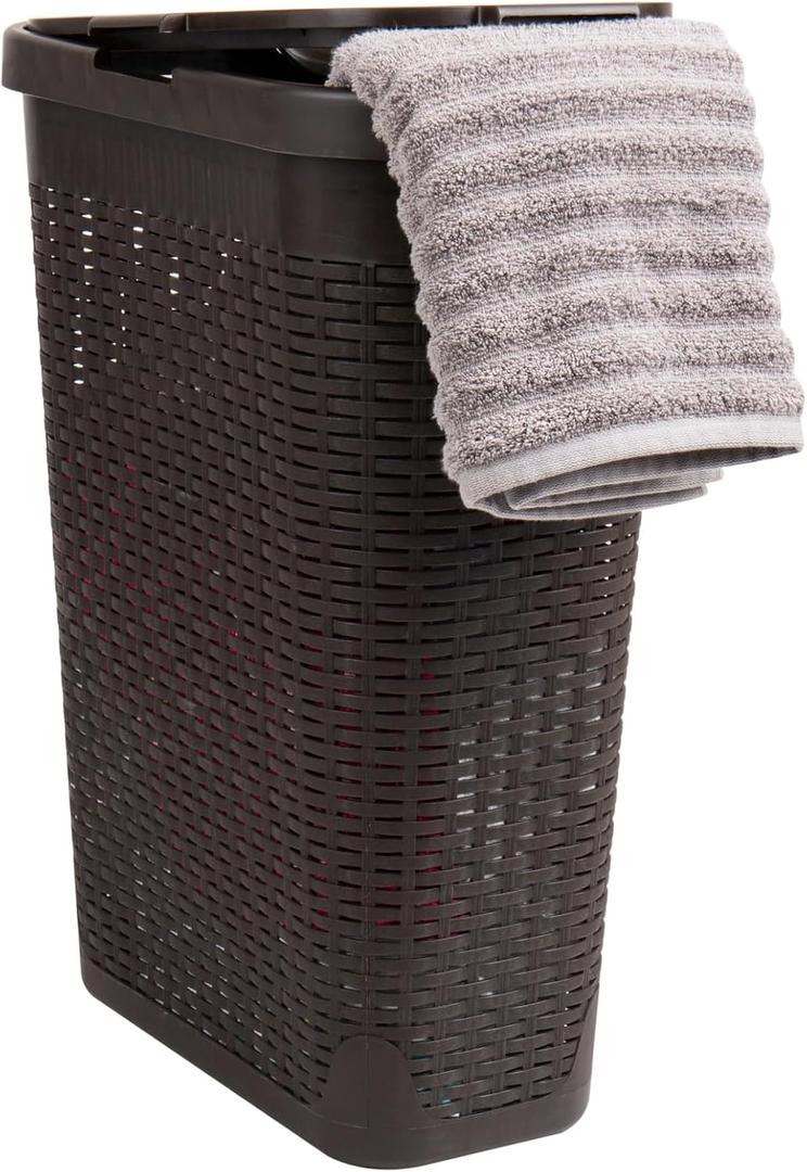 Mind Reader 40L Slim Laundry Hamper, Clothes Basket, Lid, Wicker Design, Plastic, 18"L x 10.4"W x 23.5"H, Brown (Single)