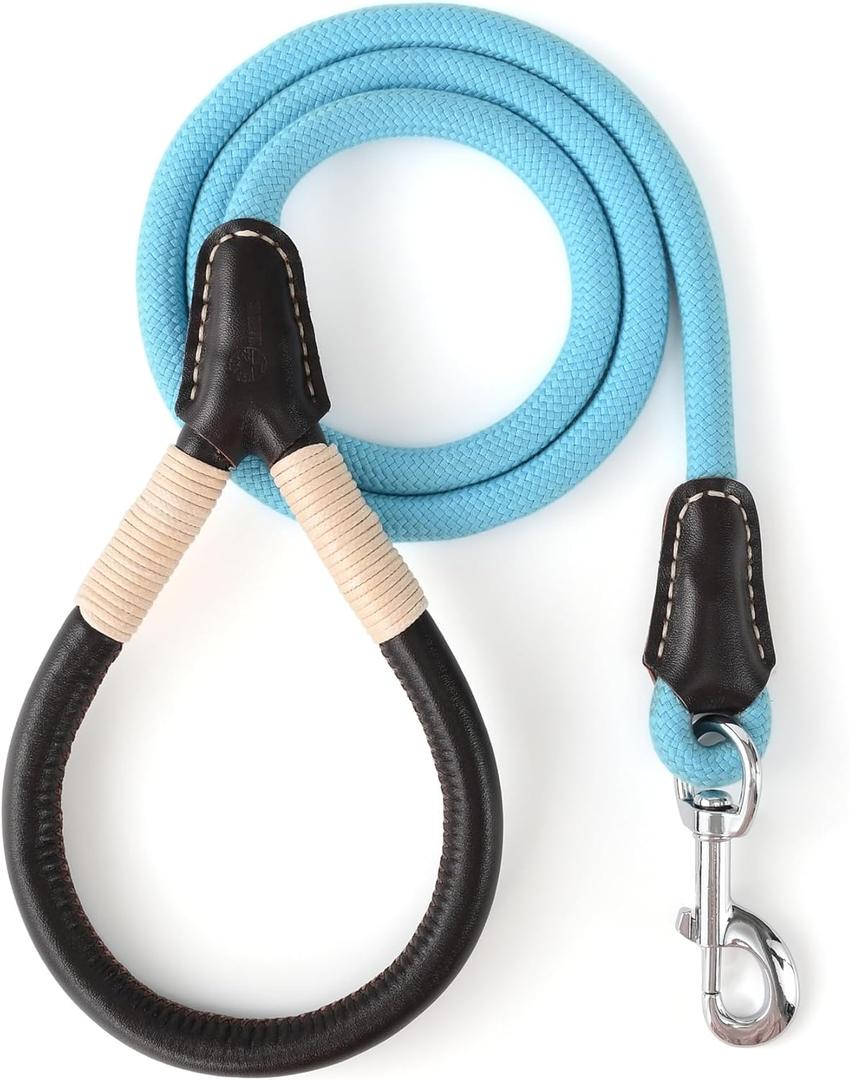 Mile High Life Genuine Leather Wrapped Handle Dog Leash, w Heavy Duty Clasp Rope Leash for Small Medium Large Dogs (Blue, 4FT) (48 Inch-1/2", Leather Handle-Blue)