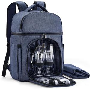 Vogano Picnic Backpack & Accessories Insulated Picnic Set for 2 Person with Dual Compartments, Lightweight Blanket, Cutlery Set, for Newlyweds and Couples Gifts Blue
