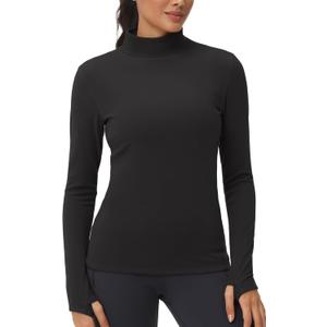 THE GYM PEOPLE Women's Mock Turtleneck Long Sleeve Shirts Fleece Thermal Underwear Pullover Tops with Thumb Hole