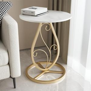 Boho Round Side Table Living Room, Natural Marble Desktop end Tables with Boho Minimalist Metal Floral Base, Modern Decor Bedside nightstand Coffee Table for Living Room Bedroom Sofa Balcony