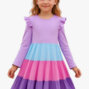 Girl Long Sleeve Dress Ruffle Rainbow Color Block Cotton Casual Tiered Pleated Twirly Dress 2T