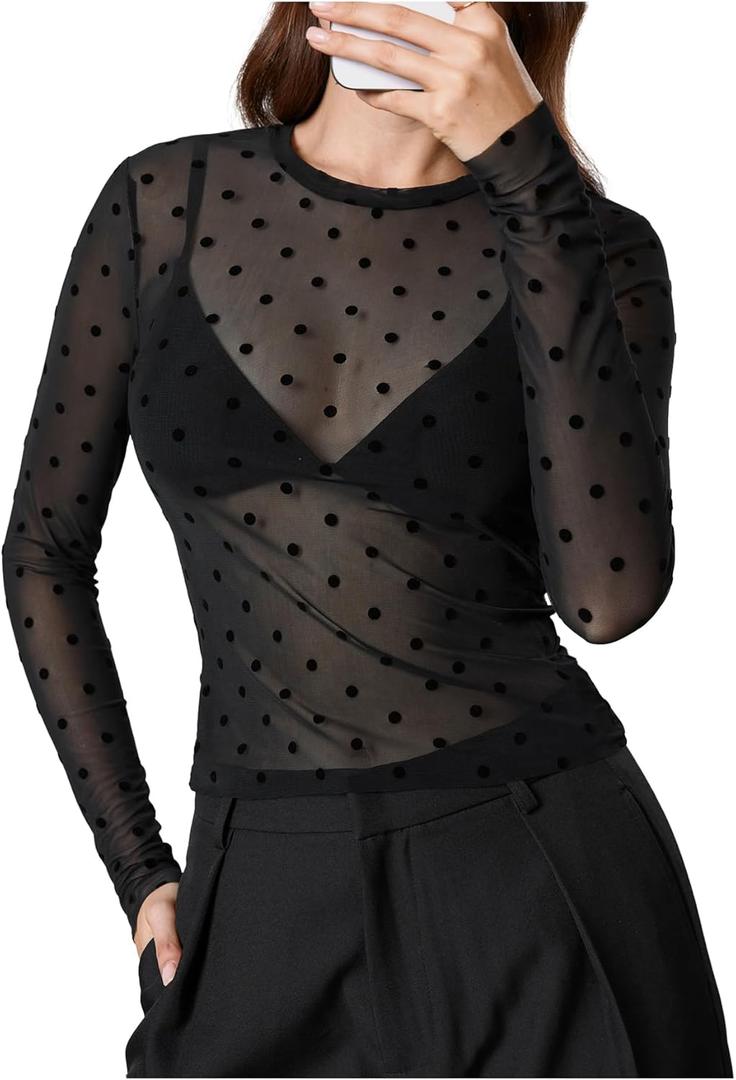 SHENHE Women's Polka Dots Sheer Mesh T Shirt Long Sleeve Round Neck Slim Fitted Streetwear Top Large