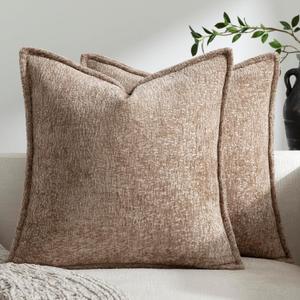DEZENE Pack of 2 Khaki Decorative Throw Pillow Covers 24x24 Cozy Soft Chenille Accent Vintage Square Couch Pillow Covers for Home Decor Bed Sofa Living Room