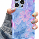 Jusy Compatible with iPhone 11 Pro Max, Colorful Retro Oil Painting Printed Flower Laser Glossy Pattern Cute Curly Wave Phone Case Soft TPU Cover for Girly Women - Blue Pink 