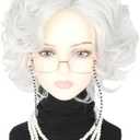 LeMarnia Old Lady Wig Costume Set for Women Short Curly Beige Grey Granny Wigs for Cosplay 100 Years Old Woman Wig Halloween Party Wigs