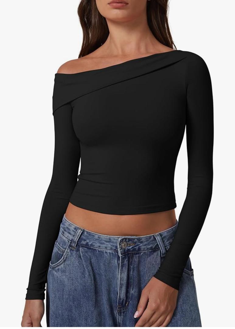 QINSEN Women Long Sleeve Off Shoulder Tops Trendy Double Lined Going Out Shirt for Fall, XS Size