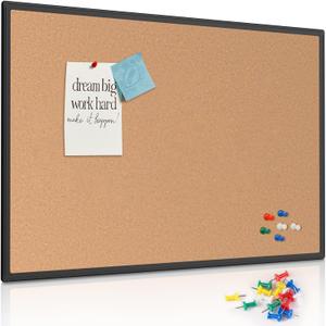 Cork Board Bulletin Board 48" x 36", Black Aluminium Framed 4x3 Corkboard, Office Board for Wall Cork, Large Wall Mounted Notice Pin Board with 18 Push Pins for School, Home & Office, 46" X 32