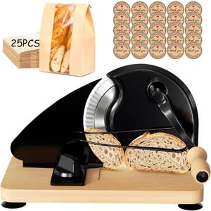 Manual Bread Slicer for Homemade Bread with 25pcs Paper Bread Bags | Hand Crank Sourdough Bread Slicer with Stainless Steel Blade, Adjustable Thickness, Suction Cup and Guide Rail, Black