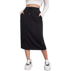 SOFIA'S CHOICE Women's Midi Skirt Drawstring High Waist Sweat Skirts with Pockets (Large, Black 01)