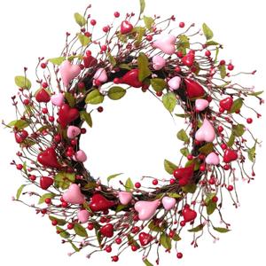 idyllic 22 Inch Valentine Green Leaf Heart-Shaped Berry Wreath, Pink Red Heart Berry Decor for Front Door Mantel Table Window Wall Wedding Porch Indoor Dinner Gift