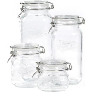 Mason Craft & More Airtight Kitchen Food Storage Clear Glass Clamp Jars, 4 Piece Clamp Preserving Jar Set (.5L, 1,5L, 2L, and 3L)