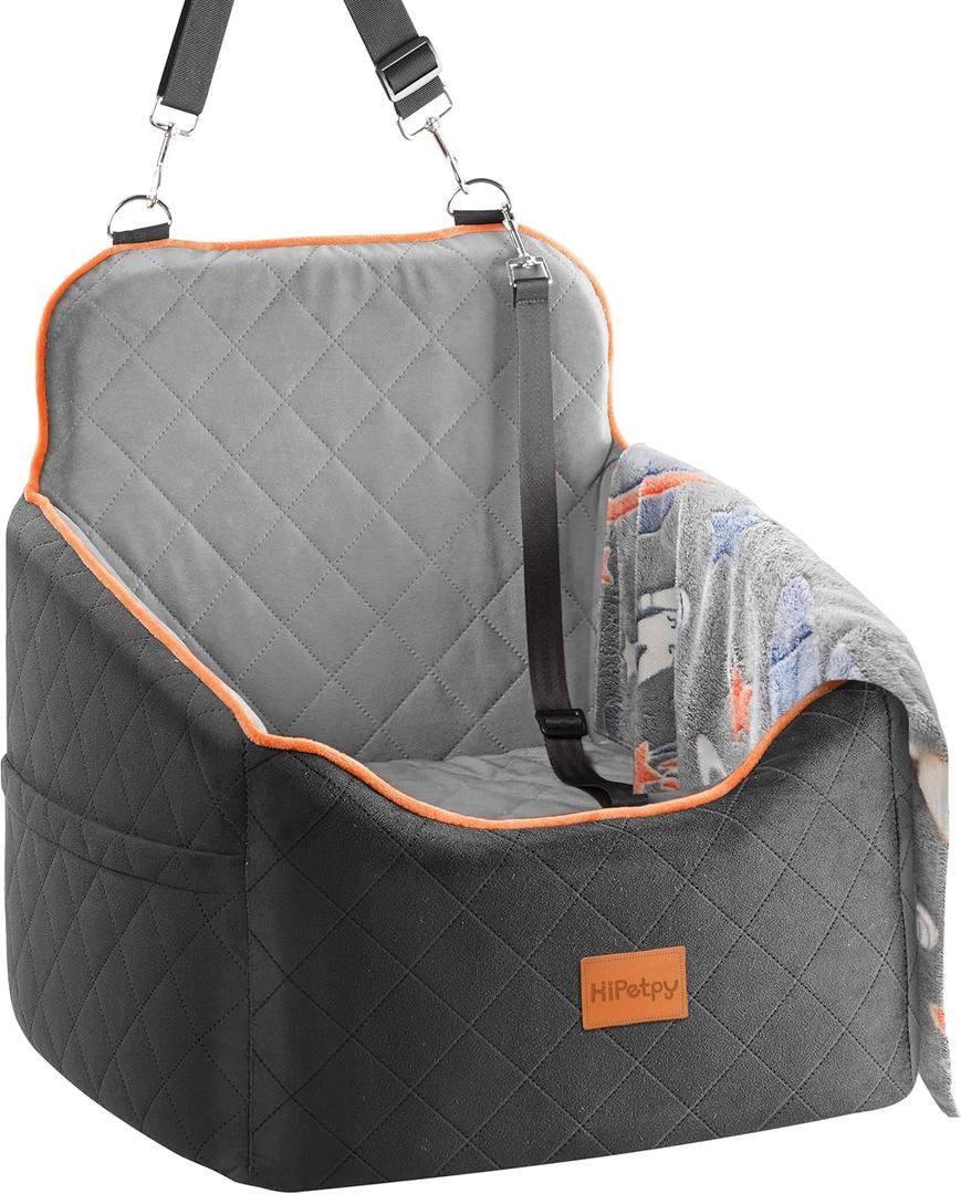 Dog Car Seat for Small Dog, Booster Seat for Dogs Under 30lb, Elevated Pet Seat with Pockets, Anti-Slip Bed for Car, Perfect for Front & Back Seats with Safety Leash (Black/Grey, Medium)