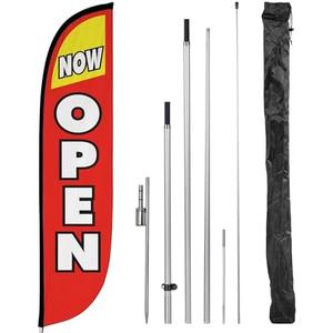 LookOurWay Feather Flag Pole Kit - 12 Feet Tall Advertising Flag Banner with Fiberglass Pole Kit and Ground Spike for Business Promotion - Grand Opening Flags - Now Open Red & Yellow (10M1200030)