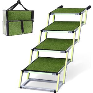 Dog Stairs for Large Dogs PRIORPET - Glow in The Dark Marking - Foldable Dog ramp for Car Small to Medium Size- Dog Steps for Car - Grass Padded Dog Steps for Large Dog - Pet Stairs 4 Steps (4 Grass)
