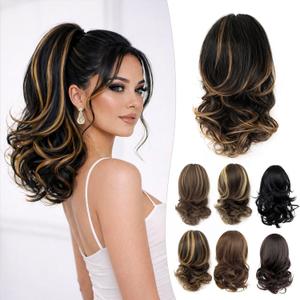 Wavy Claw Clip Ponytail Extension 14 Inch Clip in Ponytail Hair Extensions Clip on Hair Extensions For Women Curly Pony tails (#3 Golden Highlights with Dark Brown)