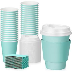 Patelai 48 Pcs 12 oz Disposable Coffee Cups with Lids and Sleeves Bulk, Insulated Hot Chocolate Paper Cup for Hot and Cold Beverage Water Juice Cocoa Tea Party Restaurants Travel Supplies (Green)