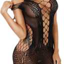 Women Sexy Flexible Fishnet Lingerie V-Neck Babydoll Mesh Teddy Bodysuit Mini Dress One Size (Black)