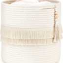 Dahey Macrame Decorative Cotton Rope Storage Basket Boho Nursery Decor Small Cute Woven Tassel Storage Bins Organizer with Wooden Bead for Baby Toys, Blanket, Magazines, Living Room, Bedroom, 11" x 11"