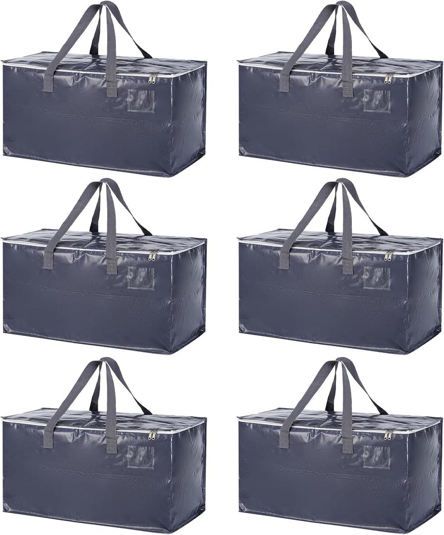 6 Pack Extra Heavy Duty Large Moving Bags with Zippers & Carrying Handles Sturdy & Durable Clothes Storage Bags,Water Resistant,Moving Boxes for Space Saving for College Supplies,black bag(PP,GREY)