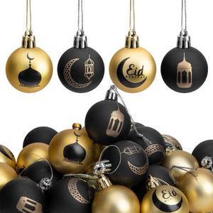 24 PCS Ramadan Ornament Ball, 1.57" Black Gold Eid Mubarak Hanging Balls, Ramadan Mubarak Ornaments for Islamic Muslim Tree Party Decor