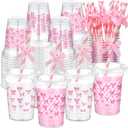 Tioncy 100 Set 12 oz Pink Bow Party Plastic Cups with Lids and Straws Coquette Disposable Bow Clear Plastic Cups for Hot Cold Drinks Birthday Baby Shower Bachelorette Party Supplies