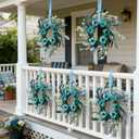 6 Pcs Small Blue Daisy Flower Hanging Wreaths for Cabinets with White Floral Eucalyptus Leaves Lavender Artificial Grains Mini Candle Rings Wreath for Home Front Door Farmhouse Coastal Blue Porch