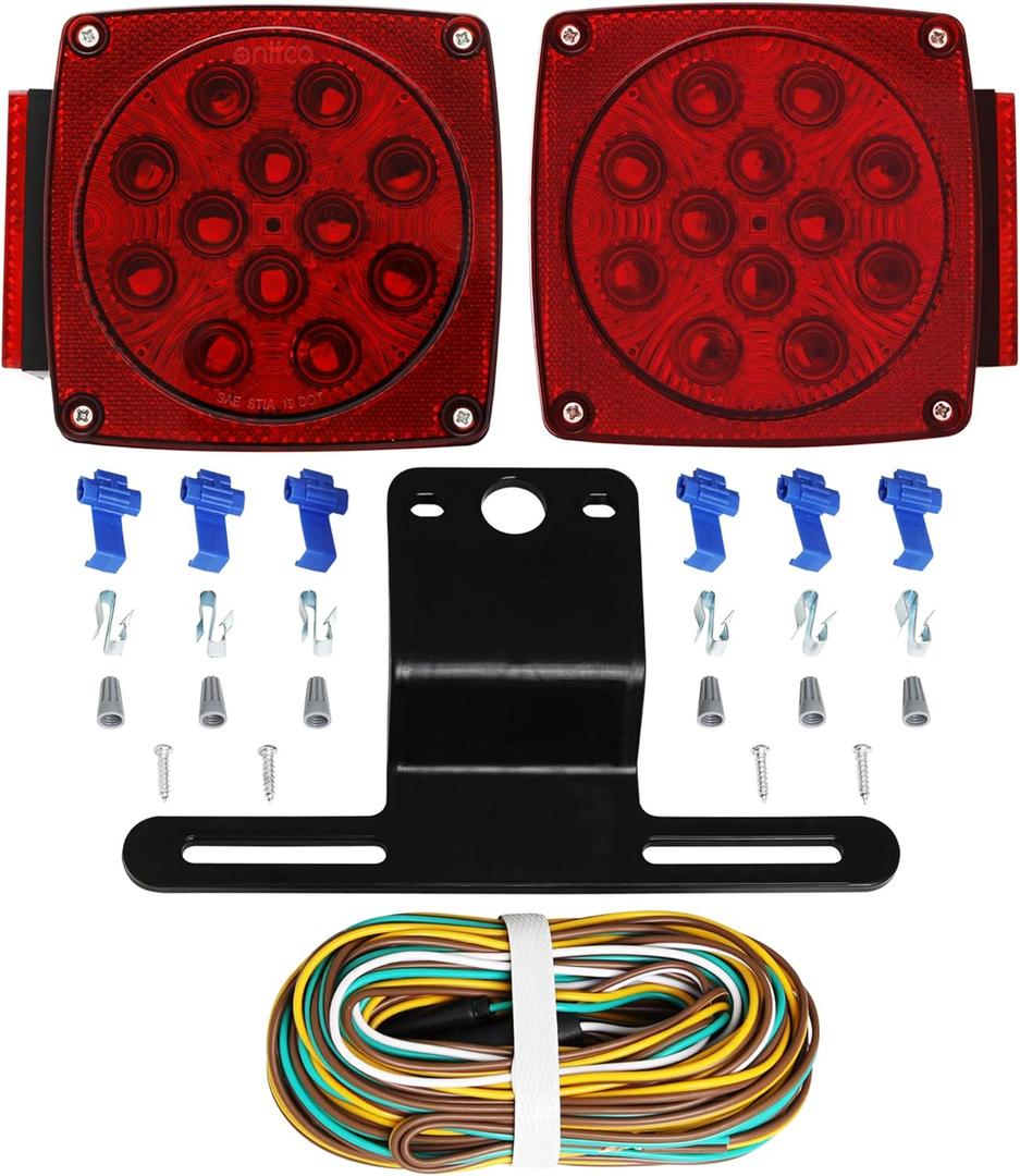12V Red Led Square Submersible Trailer Lights, Turn Signal License Brake Tail Light Kit for Under 80 Inch Boat Camper RV Trailers Shorelander Marine, IP68 Waterproof, DOT