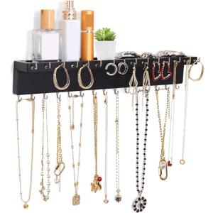 Necklace Holder Organizer Wall Mount,Jewelry Holder Organizer with 30 Hooks,Oak Jewelry Organizer and Storage for Necklaces,Bracelets and Rings (Black)