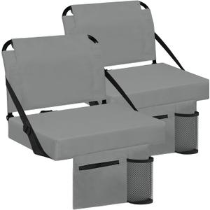 Stadium Seats for Bleachers 2 Pack w/Back Support Bleacher Seat Soft Cushion Light Weight Includes Shoulder Strap & Cup Holder, Front & Back Zipper Pocket, Suitable for Sports Events,Grey