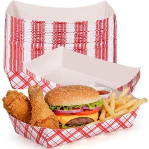 60 Pcs Checkered 5Lb Food Trays, Disposable Paper Food Plates Red Food Serving Take Out Basket Tray Boat for Nacho Snack Hot Dog Taco Sandwich Easter Egg Supplies