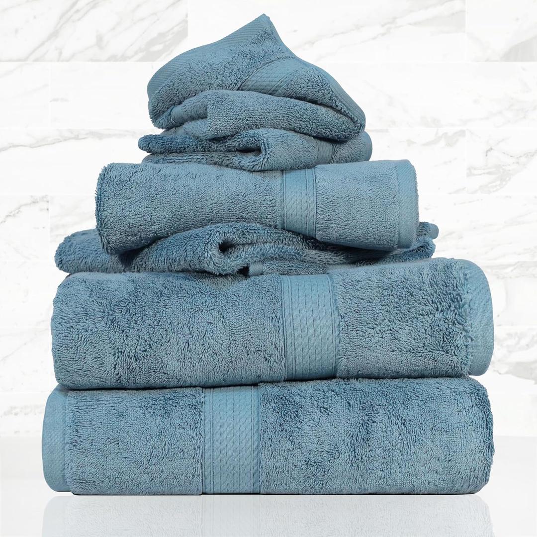 SUPERIOR Solid Egyptian Cotton Towel Set, Washcloths 13 x 13, Hand Towels 20 x 30, Bath Towels 30 x 55, Denim Blue, 6-Pieces