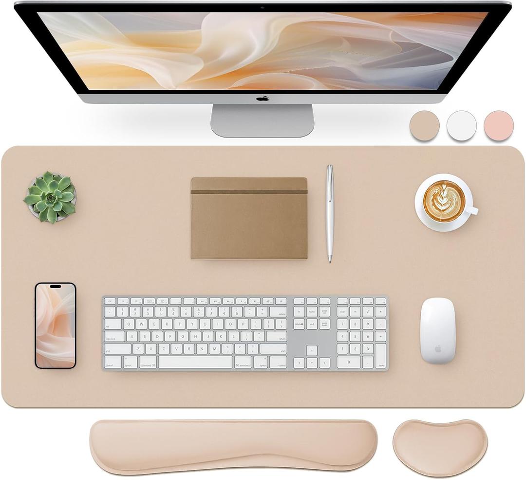 Bloss Leather Desk Pad and Keyboard Wrist Rest, Large Mouse Pad + Keyboard Pad+Mouse Wrist Support, Non-Slip Desk Mat Protector for Office, Home(31.515.7 Inches,Beige)